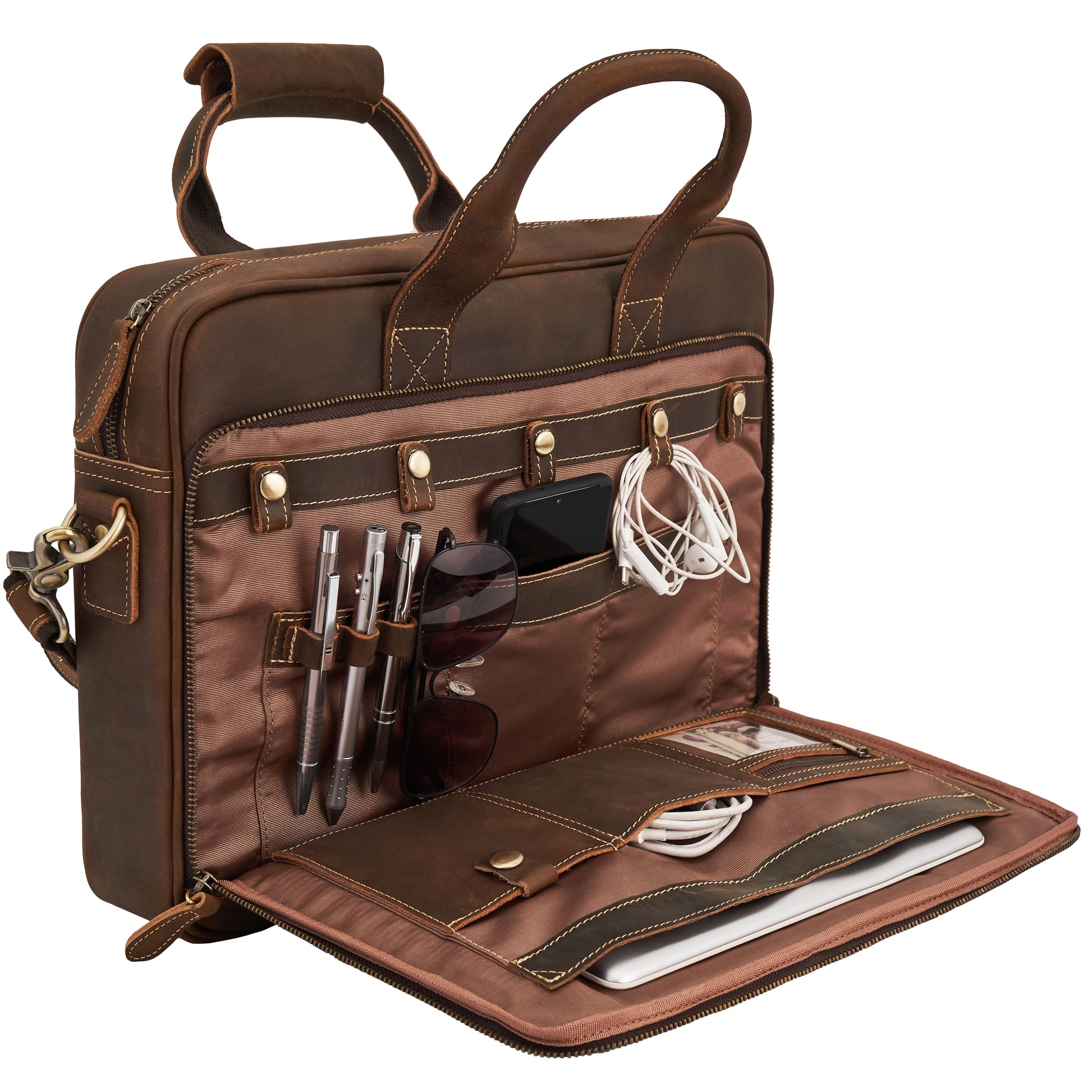 LV 100% Genuine Leather 17'' Laptop Men's Briefcase Bag, 15.6'' Laptop  Compartment, 22 Liters Capacity, Expandable Features